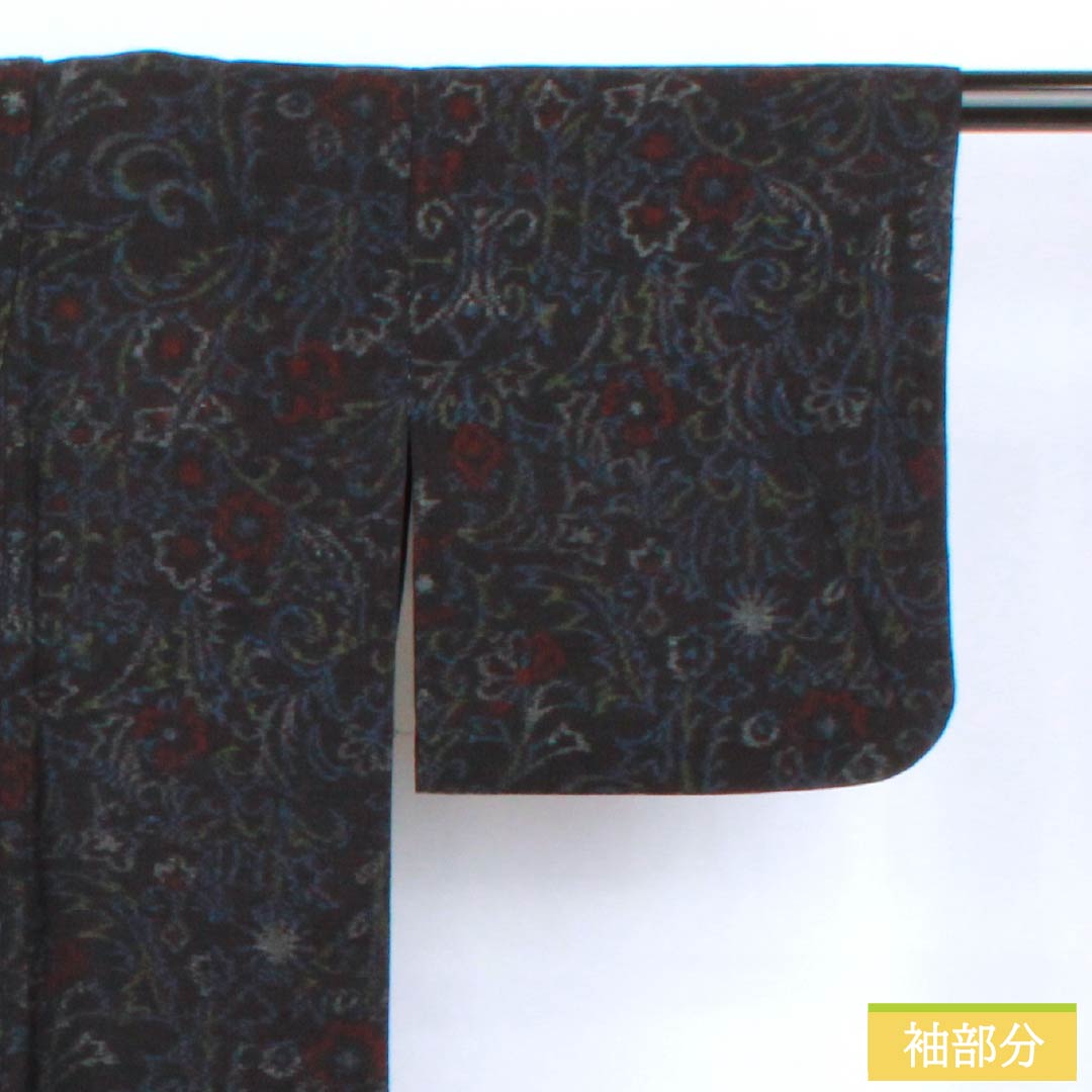 Pure silk tsumugi (pongee) kimono, S-rank, length 157cm, sleeve length 66cm, colored in aisumi brown with an abstract pattern, navy blue, single layer, product number 1116004152318