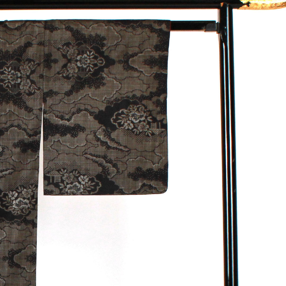 Oshima Tsumugi, Length 159cm, Sleeve length 66cm, Warp and weft kasuri, 9 marks, Clouds and flowers, Pure silk, S rank, Lined, Black, 1116001322310
