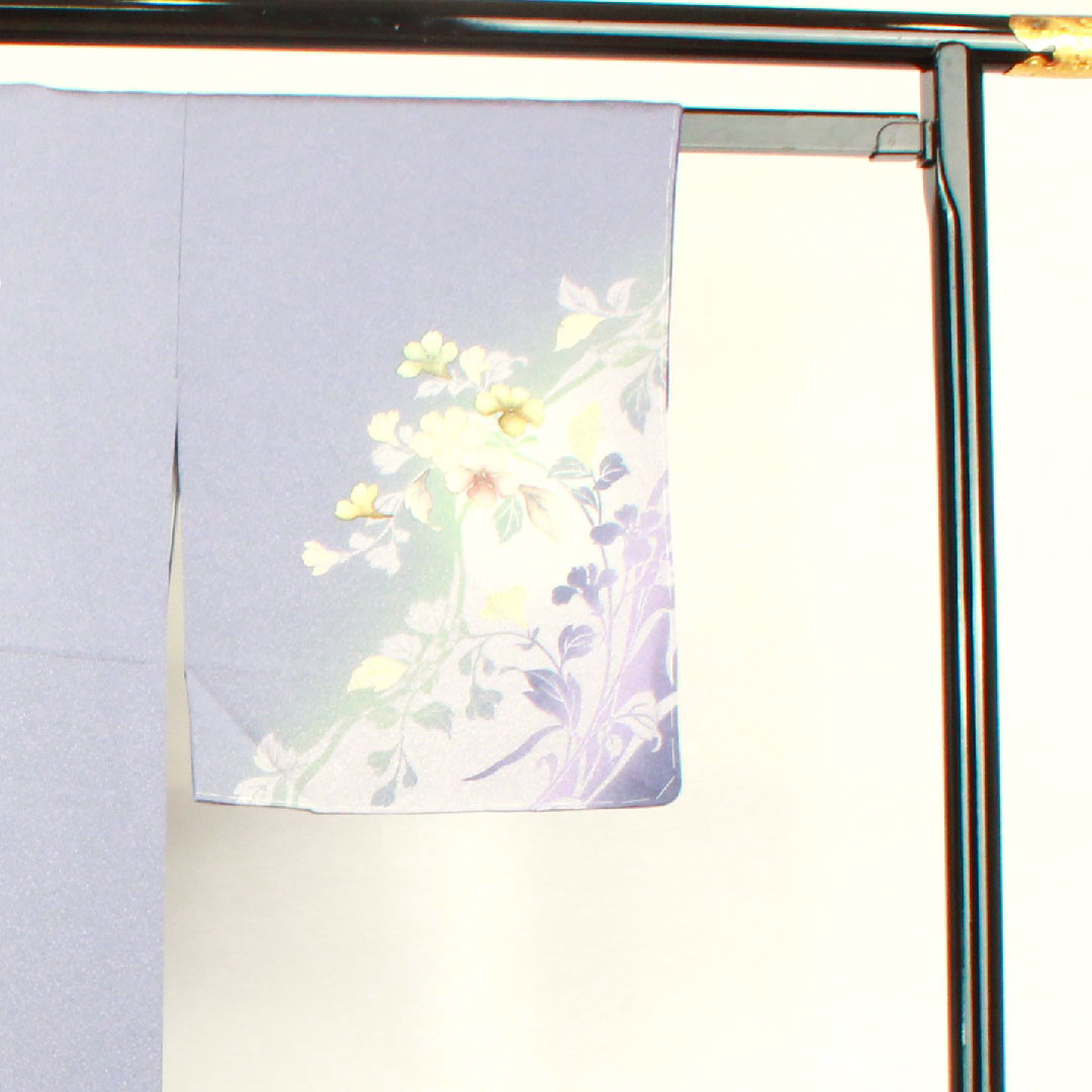 Homongi, lined, length 156cm, sleeve length 64cm, with basting thread, unused, sousui gray, Kyo-Yuzen, artist's work, floral pattern, pure silk, S rank, gray 1112002582322