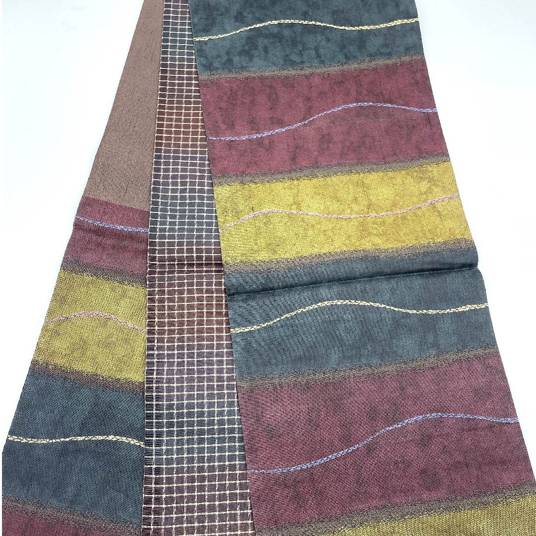 Fukuro Obi, Lacquer Foil, Horizontal Stripes, Line Pattern, Checkered, Length 440cm, Pure Silk, A Rank, Six-Ply, Casual, Gradient Style, 1123005563399