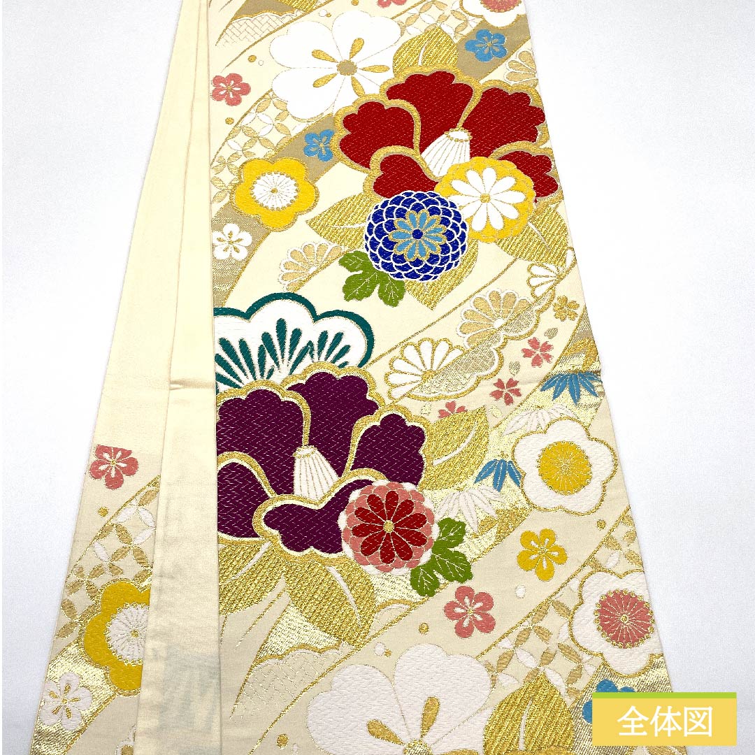 Fukuro obi, pure silk, milky white color, pine, bamboo, plum, camellia, cherry blossom, shippo, obi length 436cm, S rank, six-way, formal, cream color, 1123011662315