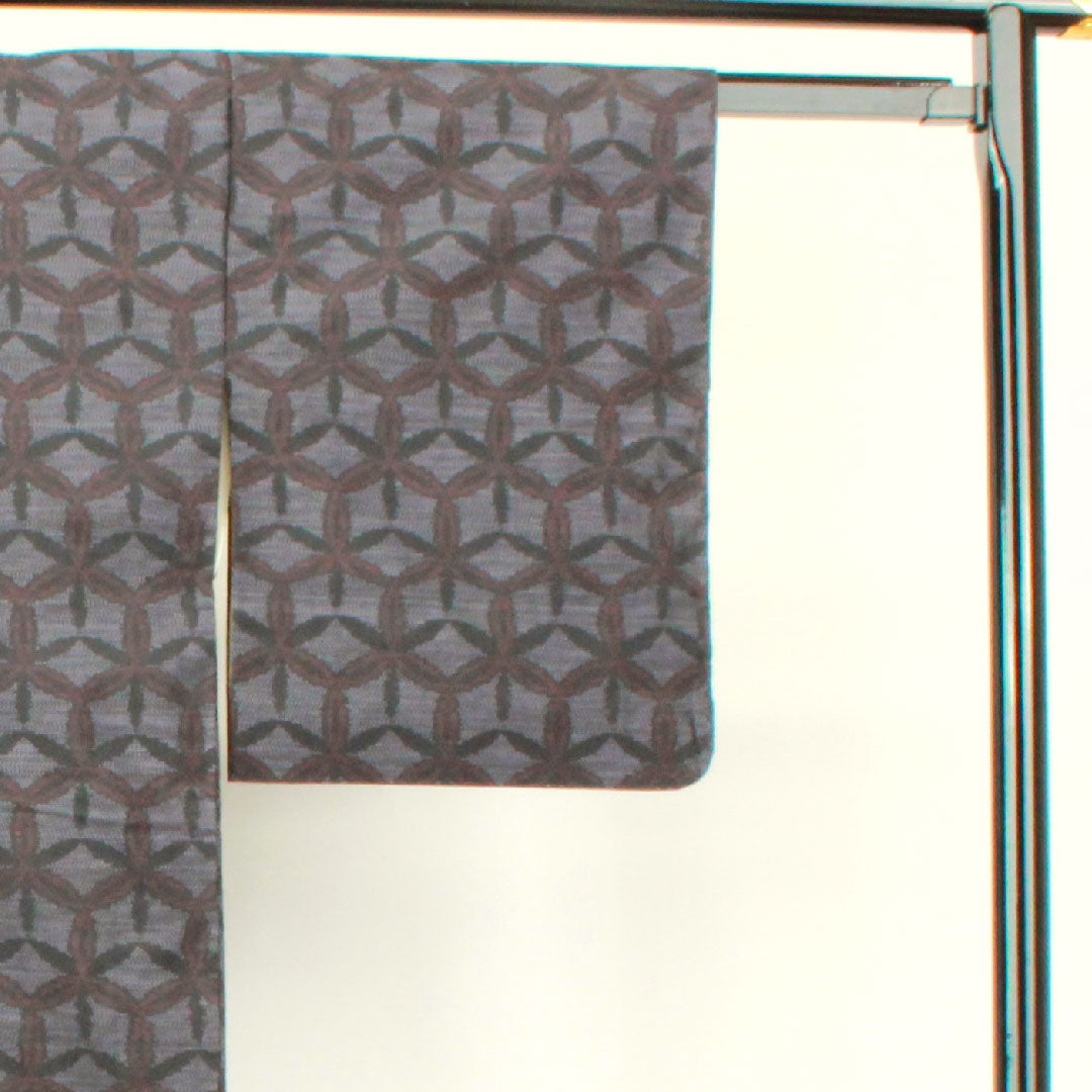 Oshima Tsumugi, Length 160cm, Sleeve length 63.5cm, Weft Kasuri, Shippo, Pure Silk, A Rank, Lined, Black, 1116002583410