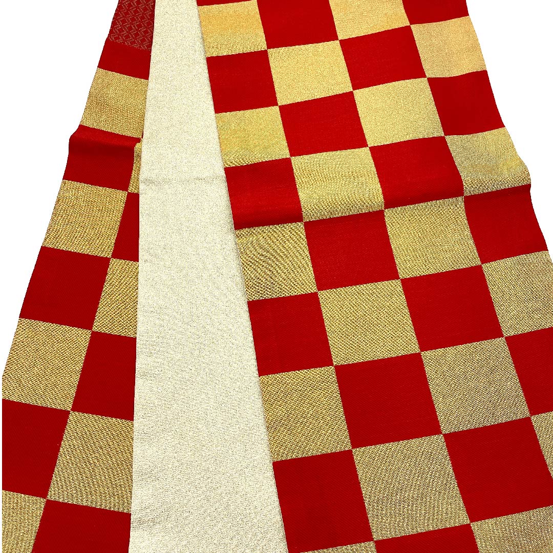 Gold-colored Fukuro Obi for Furisode, Checkered, Length 432cm, Pure Silk, A-Rank, Six-way, Formal, Gold-based, 1123006233321