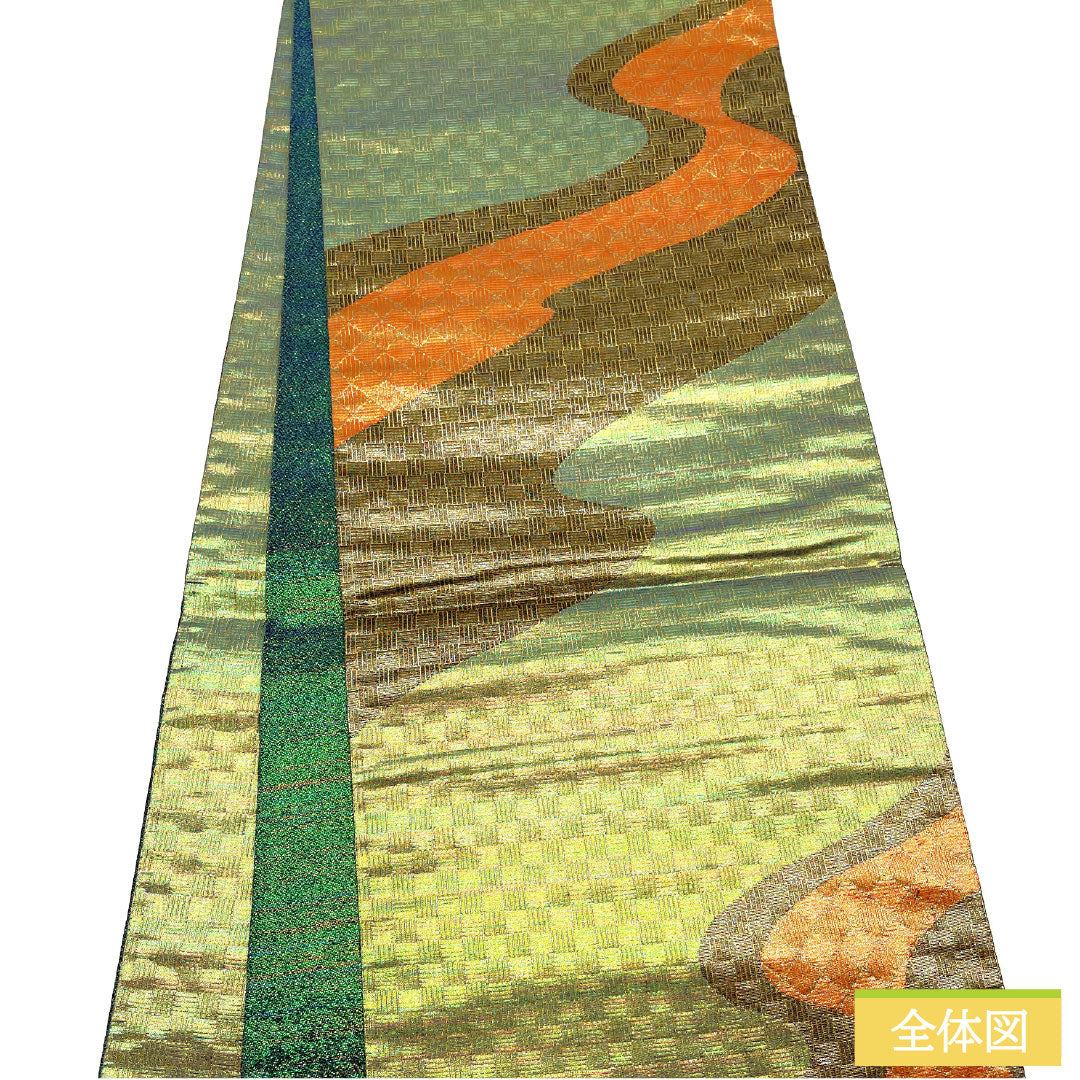 Nishijin-ori silk obi with embroidery, Gosan Paulownia pattern, flowing water design, and iridescent beetle motifs. Length: 440cm. Semi-formal, gradient accents. Product code: 1123016692399.