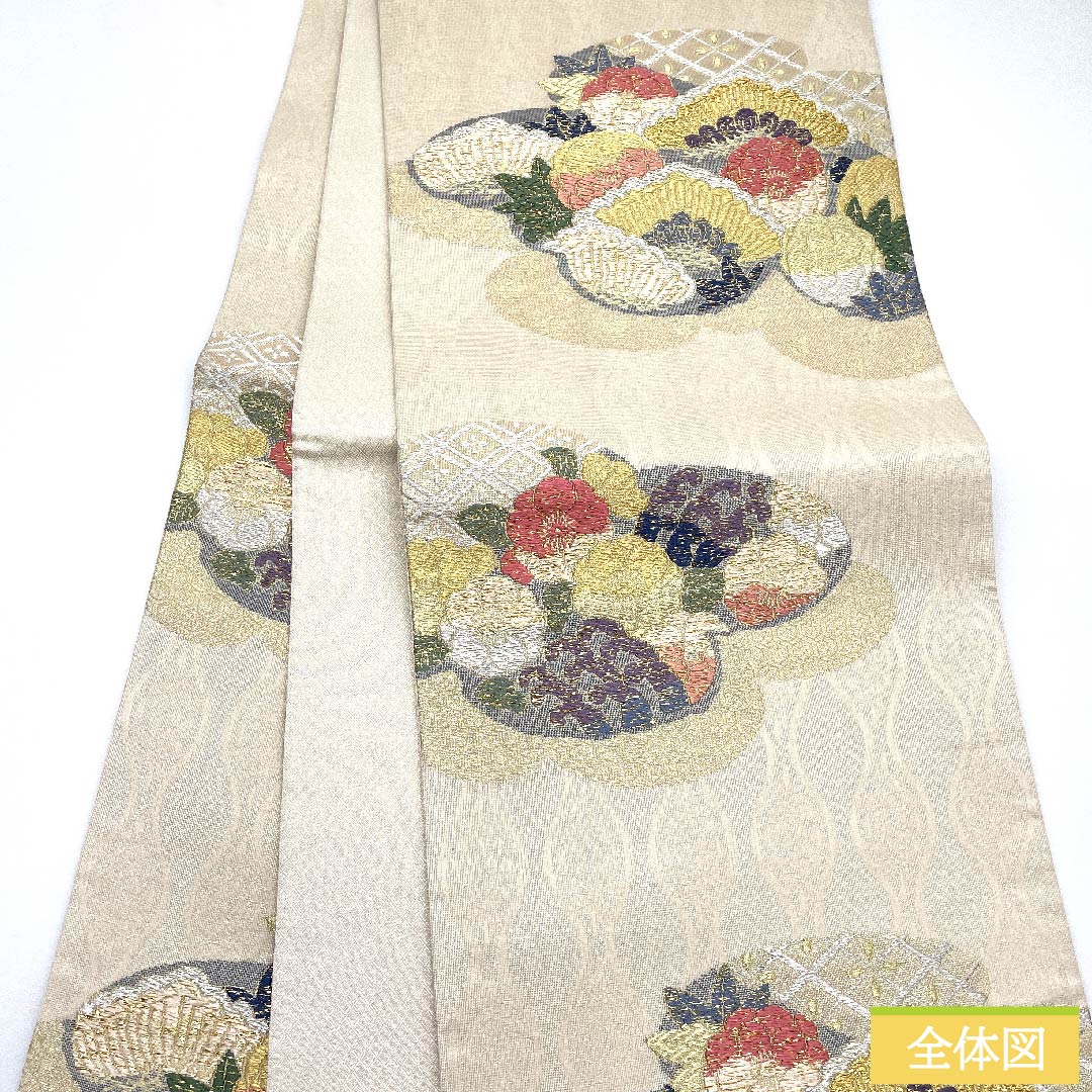 Fukuro Obi, pure silk, off-white, classic pattern, floral pattern, cloud pattern, obi length 446cm, S rank, six-pass, semi-formal, white, 1123010762311
