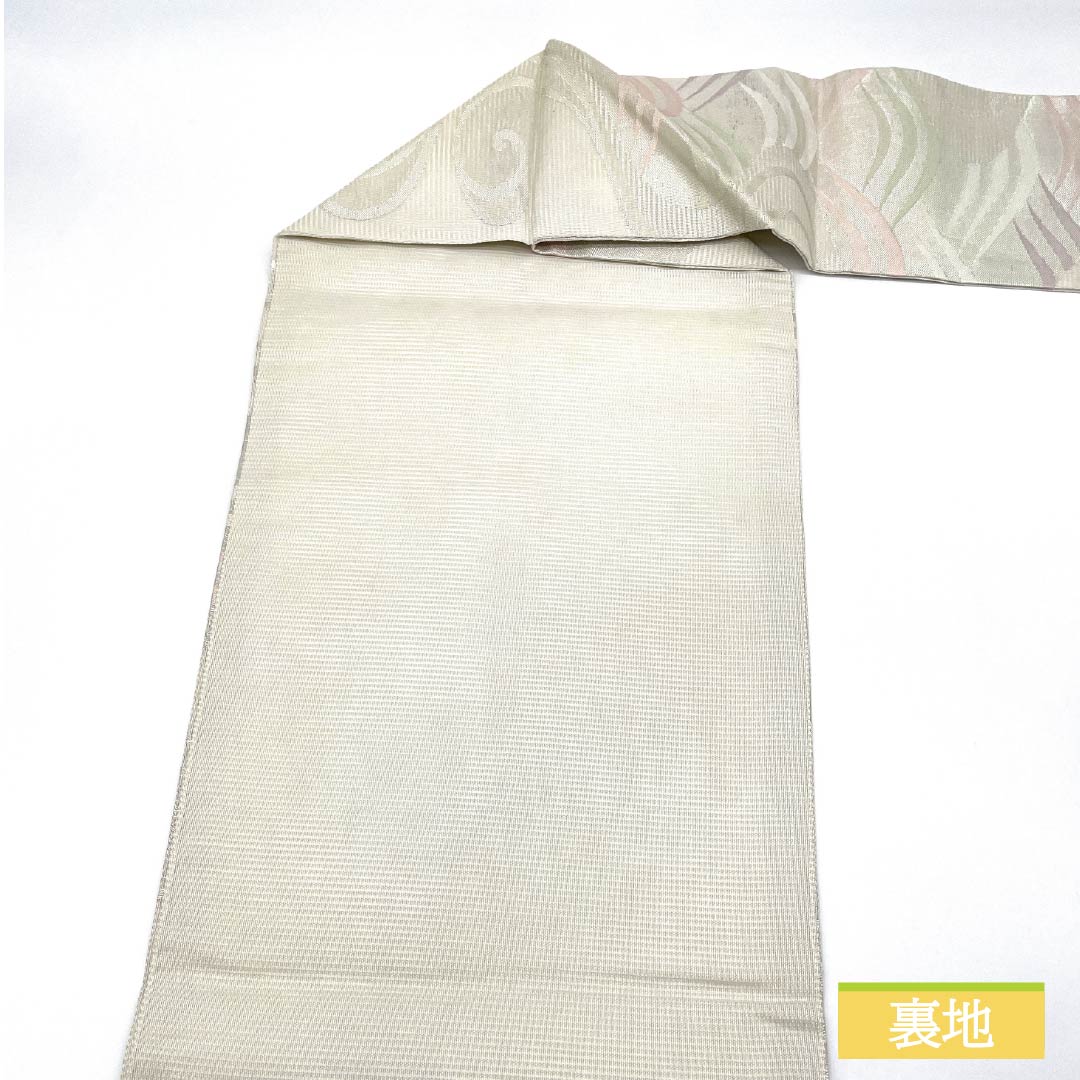 Nagoya Obi, Pure Silk, Kanze Ryusui Design, Summer Obi, Dried Leaf Pattern, Wave Pattern, Length 372cm, Rank B, Six-Ply, Semi-Formal, Silver, 1124008754322, Nagoya Style