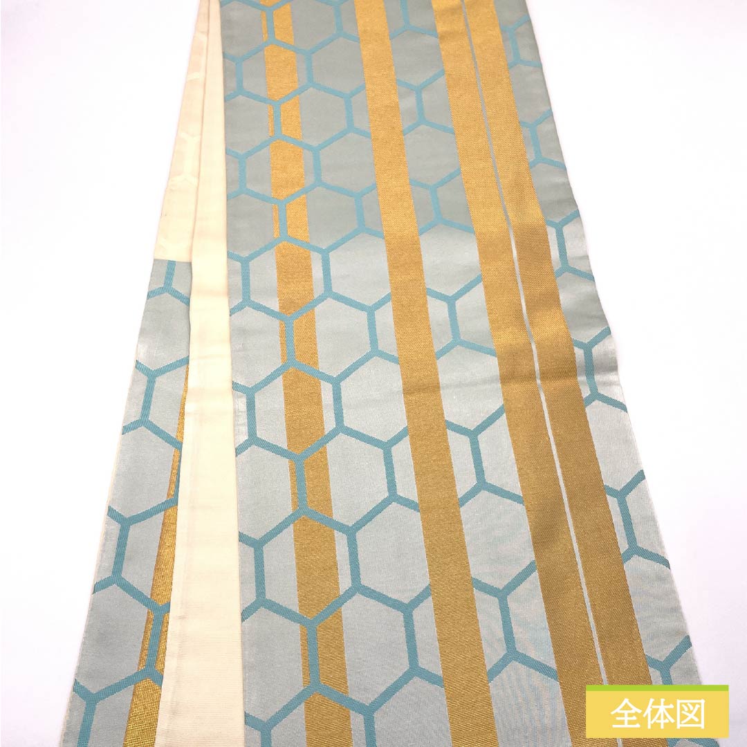Fukuro Obi (Sash) - Pure Silk, White Indigo (Shirokiaiiro) - For Furisode (Long-sleeved Kimono) - Tortoise Shell Pattern - Length 442cm - A-Rank - Six-way - Formal - Light Blue - 1123013653324
