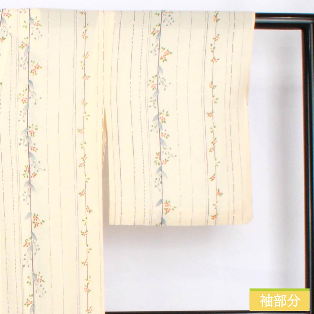 夏物 正絹 小紋 身丈153cm 裄丈62cm 生成り色（きなりいろ） 京友禅 縞 小花 絽 Aランク クリーム系 1132002053215