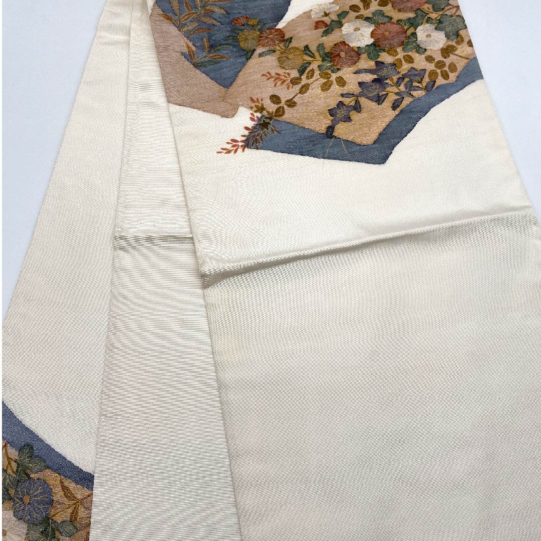 Fukuro Obi (sash) in off-white (kinari-iro) with fan-shaped floral pattern, obi length 436cm, pure silk, A-rank, point pattern, casual, cream-colored, 1123005803315