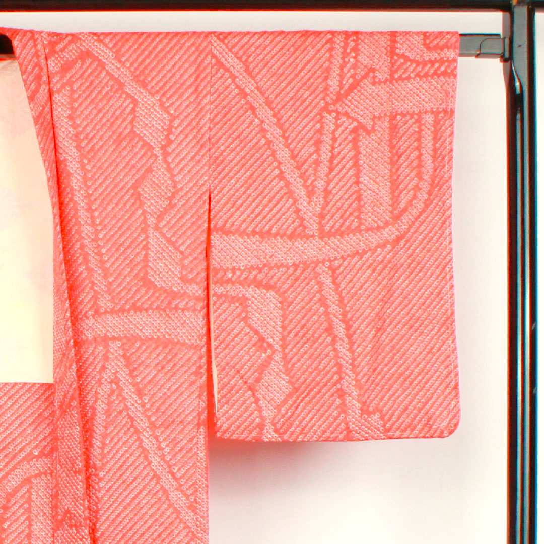 Haori, Length 81cm, Sleeve length 64.5cm, Kyoto scarlet, Shibori, Geometric pattern, Pure silk, A rank, Lined, Vermilion, 1117000383916