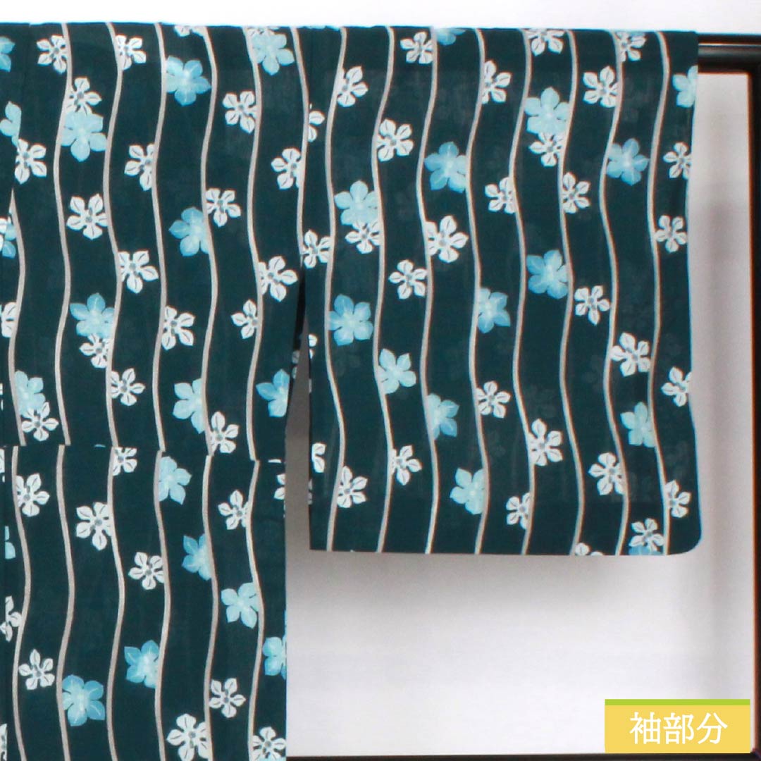 Summer kimono, polyester, small pattern, length 167cm, sleeve length 69cm, Korean nandō color, staggered stripes, flower, washable kimono, gauze, S rank, blue 1132002352517