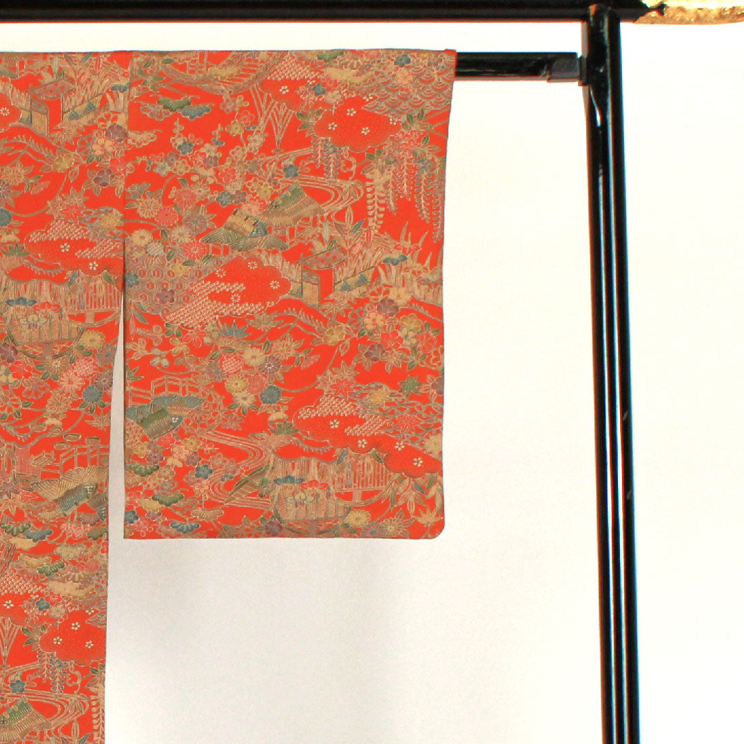 小紋 身丈163.5cm 裄丈67cm 袷  茶屋辻模様  正絹 Sランク 朱系 1115001642416