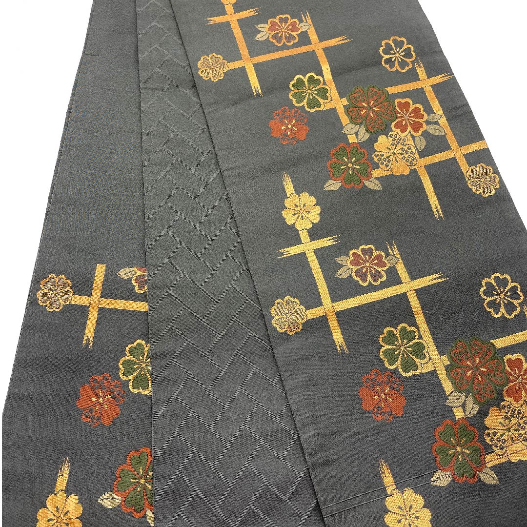 名古屋帯 京袋帯 具墨色 桜 井桁 帯丈374cm ポリ Aランク 六通 セミフォーマル グレー系 1124003313322  開き仕立て