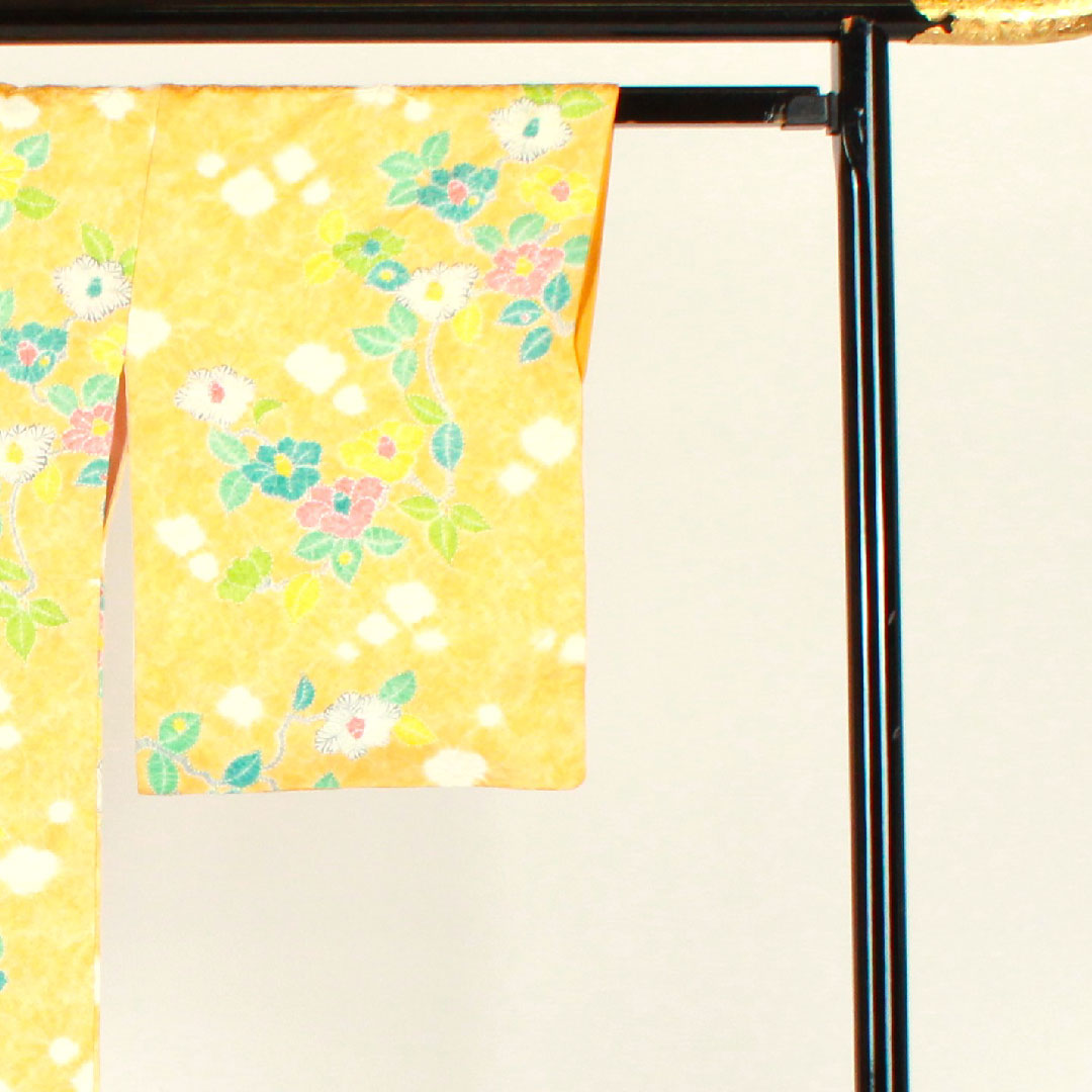 Komon, Length 159cm, Sleeve length 63cm, Awase, Shibori, Floral pattern, Pure silk, B rank, Yellow, 1115001924323