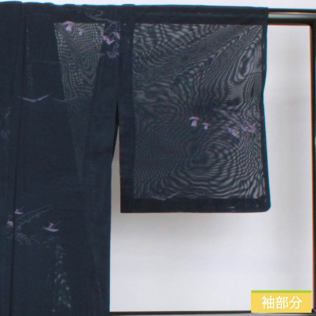 Summer kimono, polyester, small pattern, length 153.5cm, sleeve length 61.5cm, landscape pattern, washable, gauze, rank A, navy blue, 1132002363218