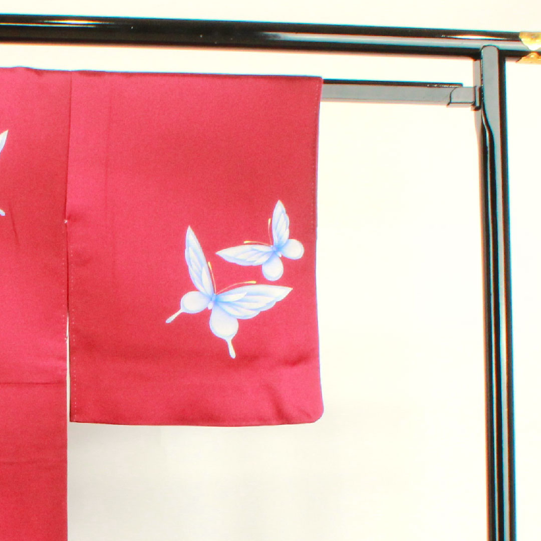 Homongi, pure silk, lined, length 151cm, sleeve length 63cm, dark red, butterfly, S rank, purple, 1112002992220