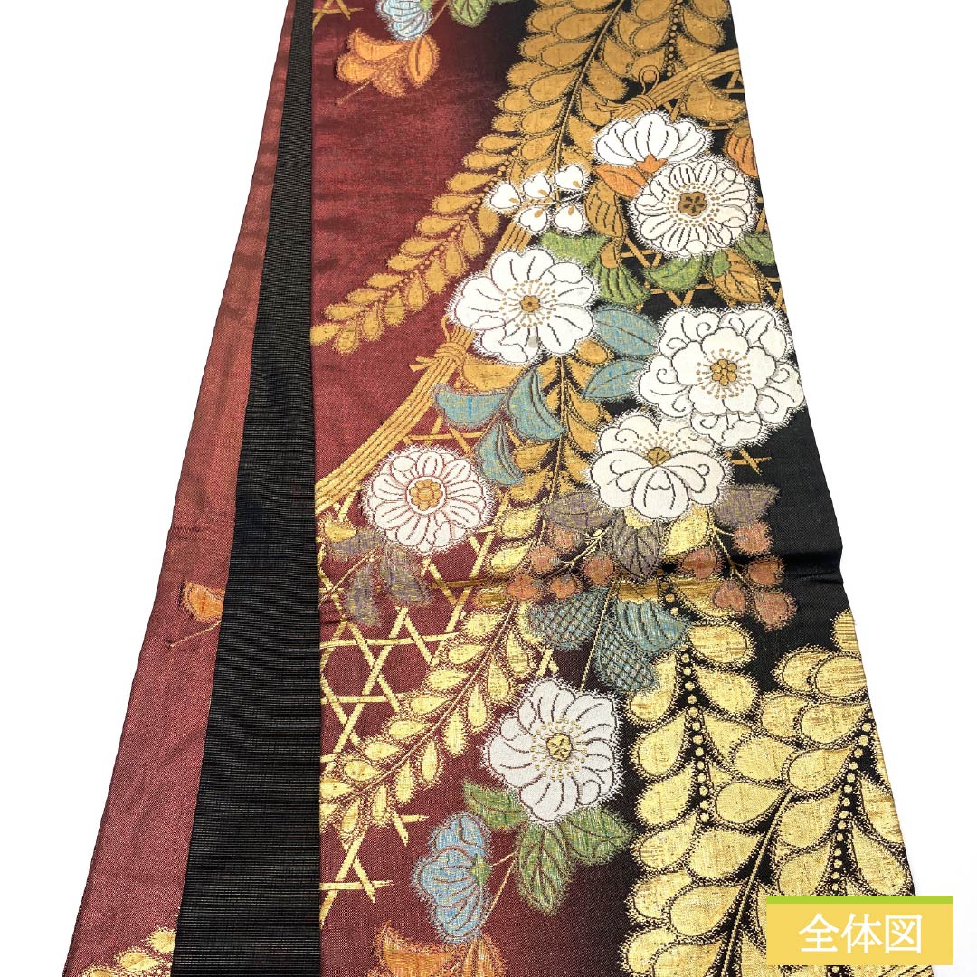 Fukuro Obi, pure silk, dark red (Angelic red), for furisode, Tsujigahana, obi length 448cm, S rank, six-pass, formal, gradation style, 1123013682399