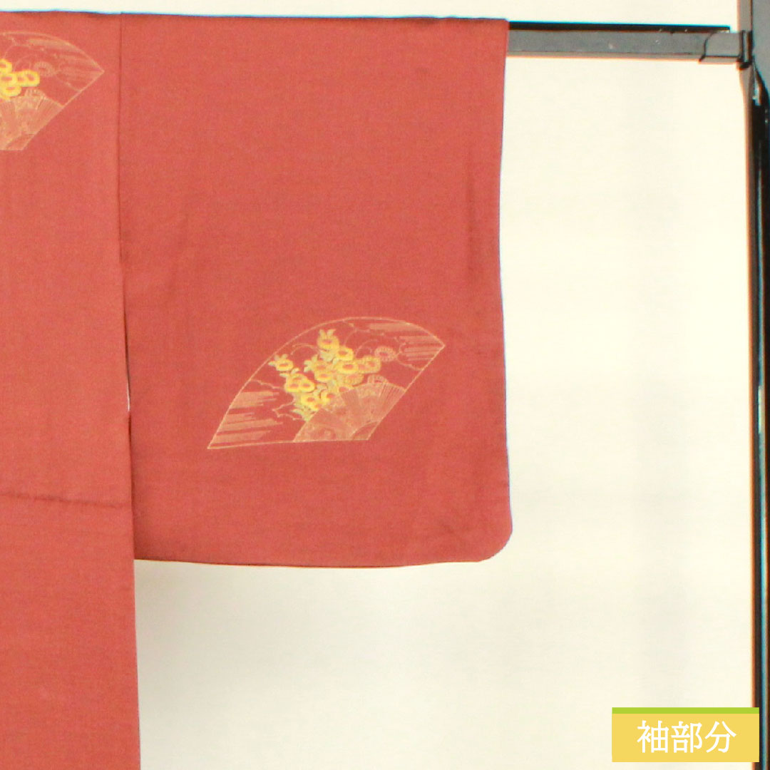 Homongi, pure silk, lined, length 161cm, sleeve length 63cm, azuki color, Kyo-Yuzen, flower cart, auspicious motif, S rank, red, 1112004302412