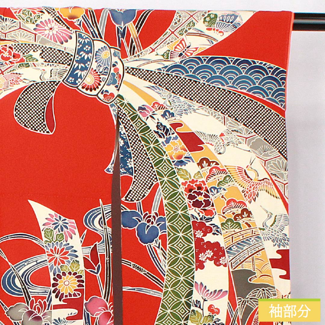Furisode (long-sleeved kimono) made of pure silk, S-rank, length 166cm, sleeve length 67cm, lined, red, Kyoto Bingata pattern, with a bundled noshi (gift tag) and red crepe fabric, product number 1113002412512