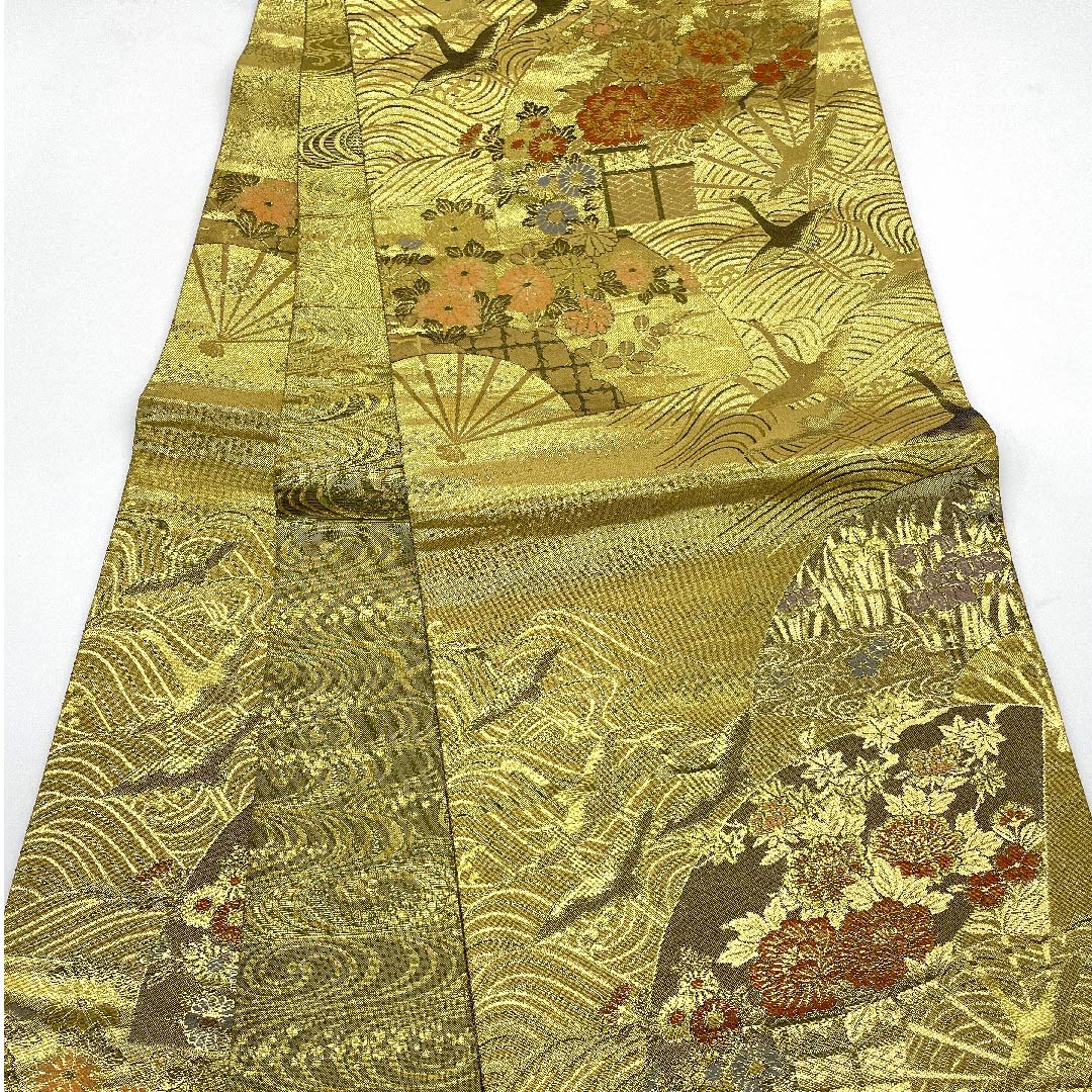 袋帯 金色 扇にボタン菊 飛鶴 留袖用 帯丈396cm 正絹 Aランク 六通 フォーマル 金系 1123004733321