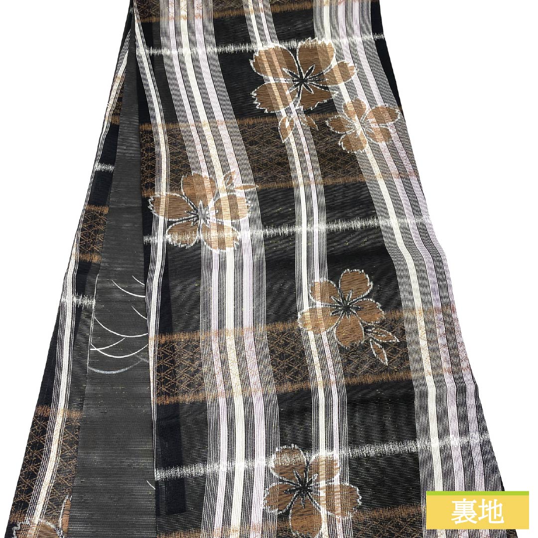 Nagoya obi, pure silk, reversible, lattice pattern, cherry blossom pattern, summer obi, obi length 370cm, S rank, full length, semi-formal, black, 1124006802310, open style