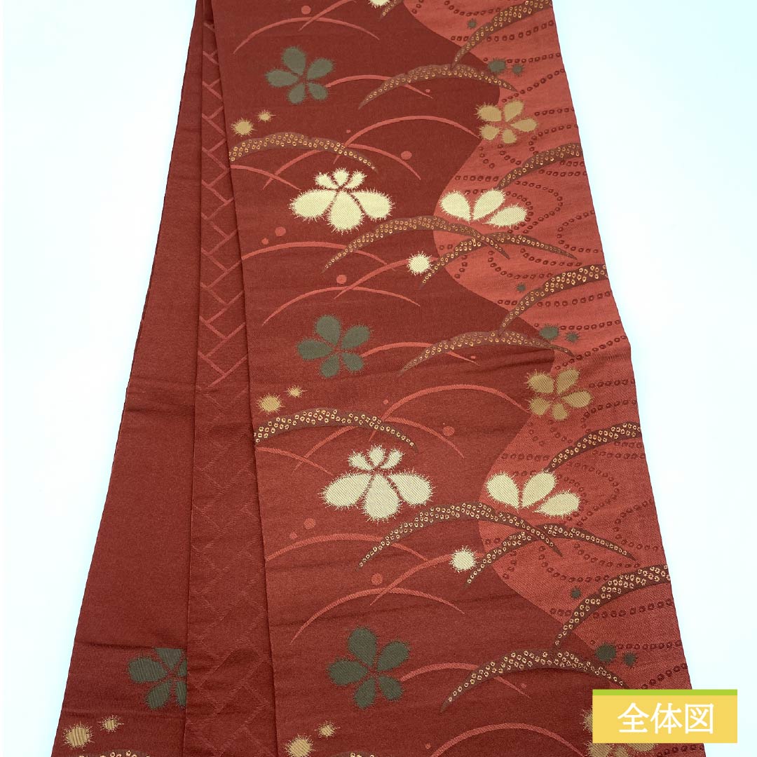 (Kyoto Fukuro Obi) Nagoya Obi, Polyester, Grade A, Copper-Colored (Shakudo-iro), Kyoto Fukuro Obi, Dewgrass, Floral Pattern, Length 364cm, Six-Ply, Casual, Vermilion, 1124010653316, Open-Weave