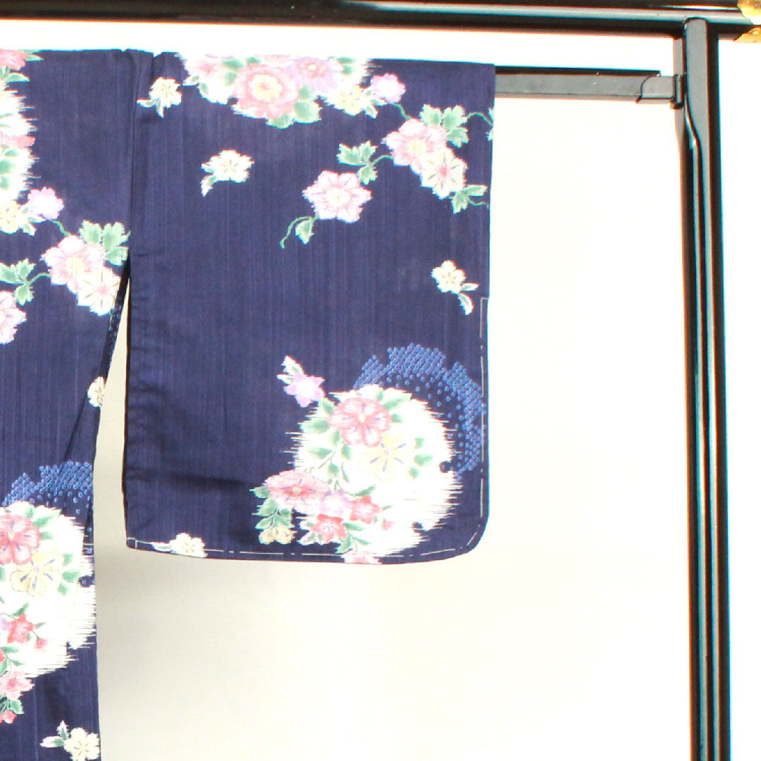 Yukata with basting thread, unused, navy blue, snowflake, floral pattern, cotton, S rank, single layer, length 171cm, sleeve length 65.5cm, navy blue, 1118002072618