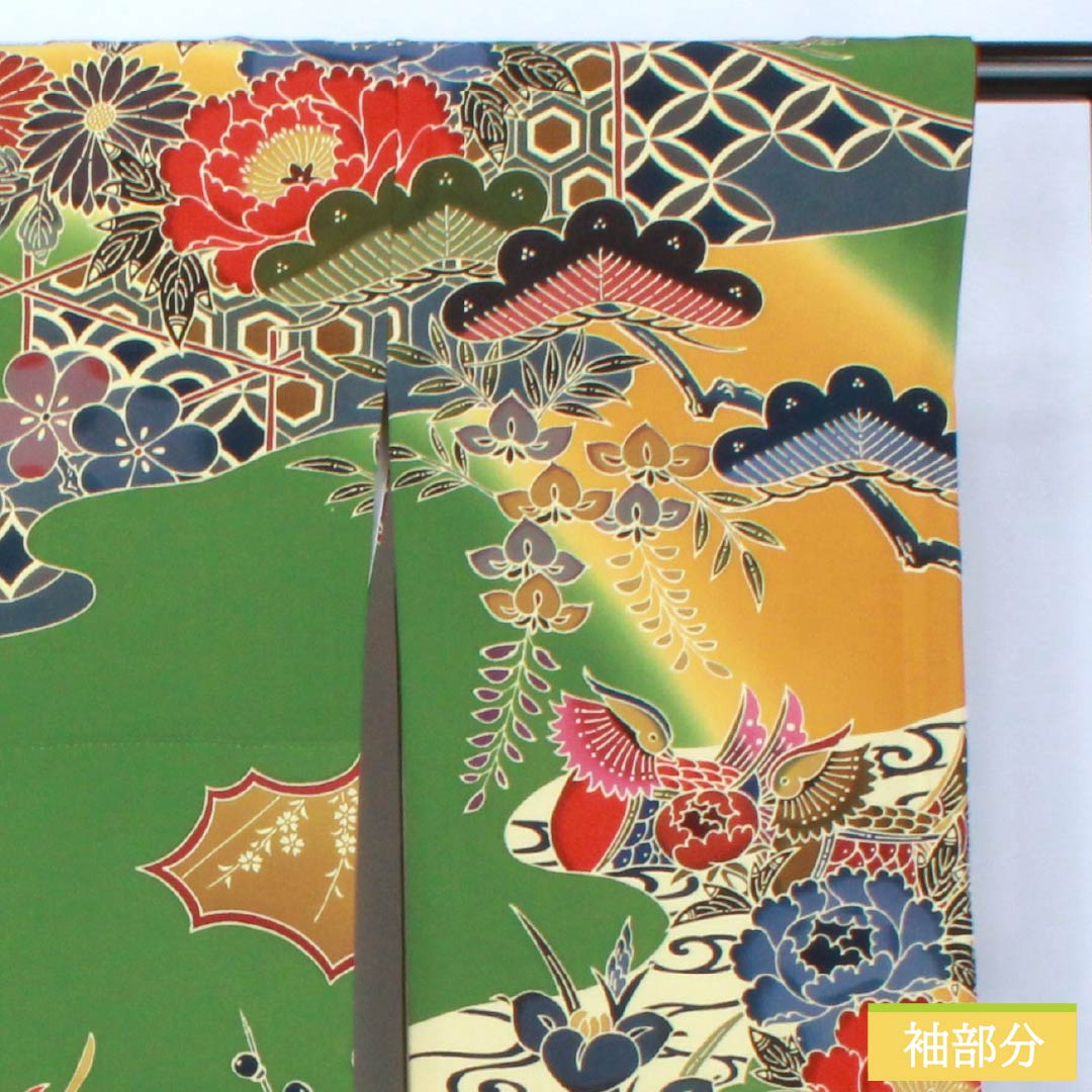 振袖 正絹 Aランク 身丈164.5cm 裄丈69cm 袷 松葉色（まつばいろ） 京紅型 吉祥文様 牡丹 菊 松 緑系 1113002363419
