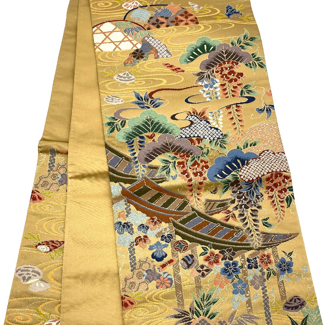 Fukuro Obi (Japanese sash) in gray, with treasures, boat, pine, Shirayaen Oba, obi length 432cm, pure silk, S rank, six-pass, formal, beige, 1123008942325