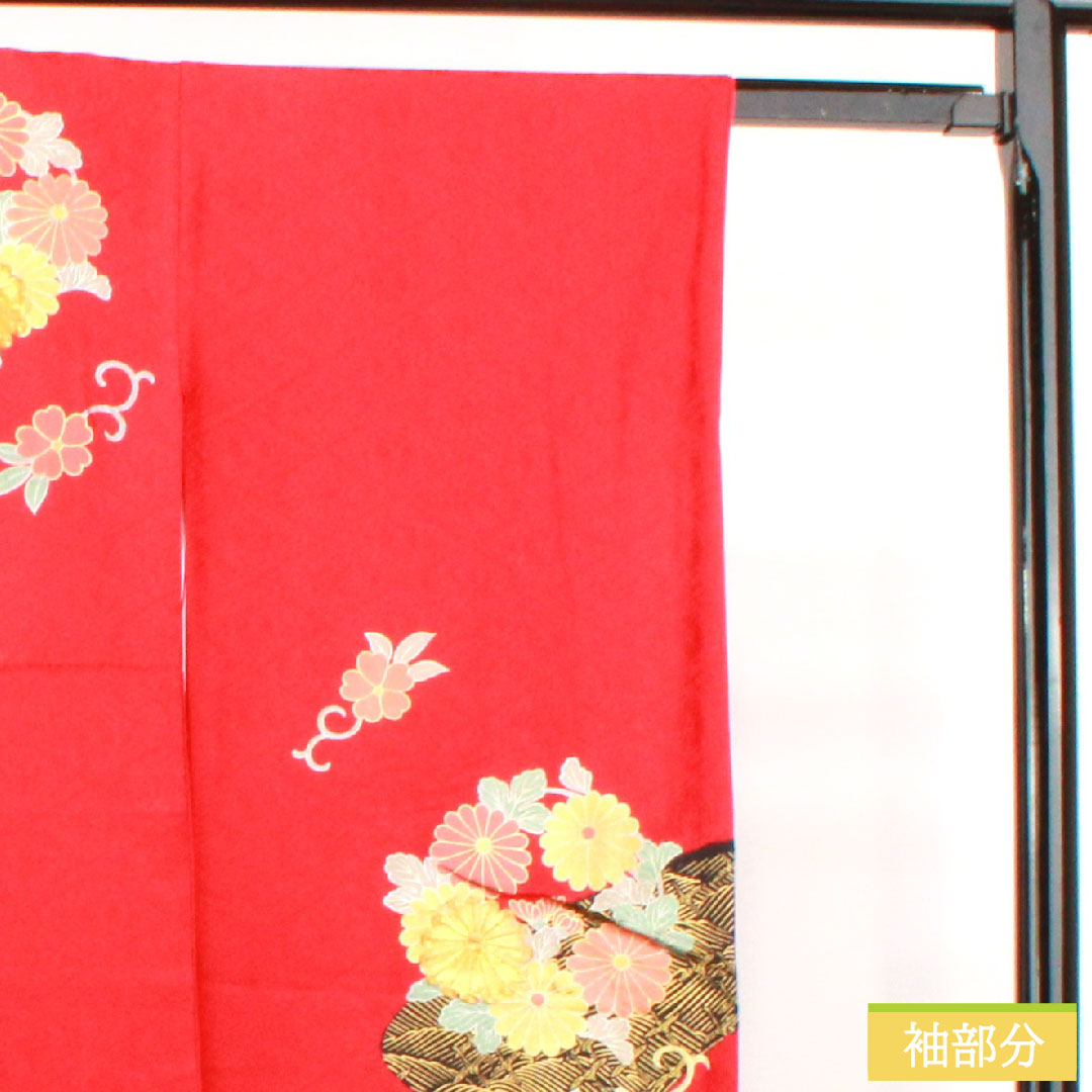 Furisode, pure silk, length 154.5cm, sleeve length 66cm, lined, Turkish red, Kyoto Yuzen, chrysanthemum, A rank, red, 1113001983212
