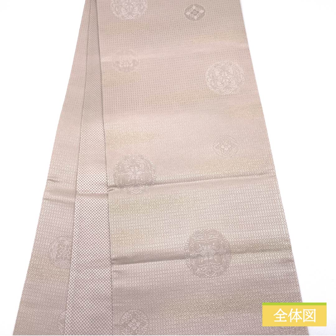 Fukuro Obi (sash) made of pure silk, S-rank, in pale cherry blossom color, featuring floral motifs and a classic circle pattern. Length: 452cm, six-fold obi, semi-formal, pink. Product code: 1123015322413