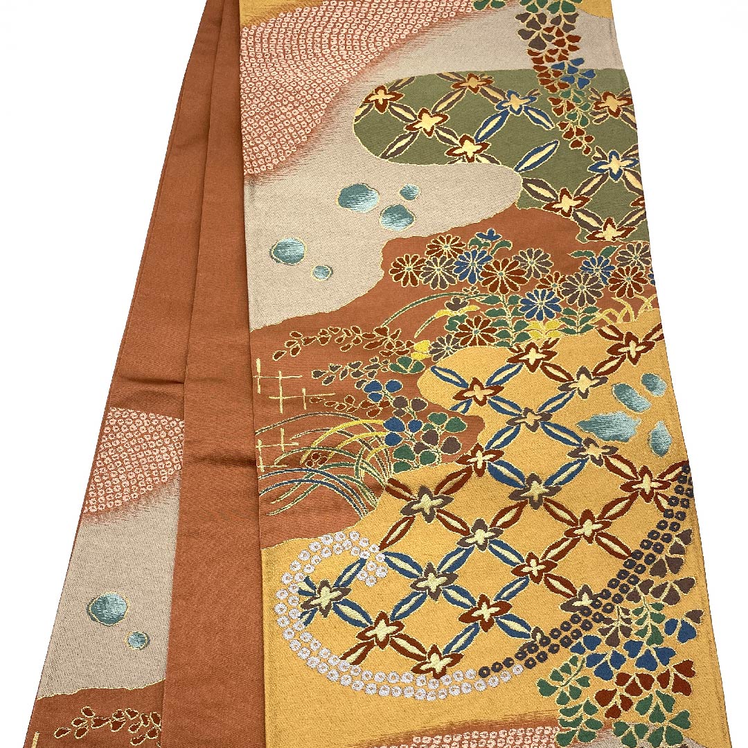 袋帯 弁柄色（べんがらいろ） 白綾苑大庭 藤 七宝 小菊 帯丈430cm 正絹 Sランク 六通 セミフォーマル グラデーション系 1123008662399
