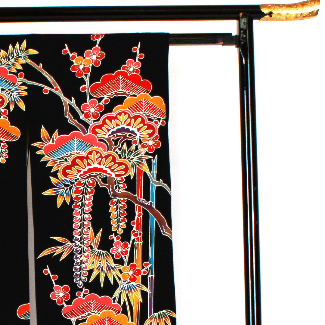 振袖 身丈166cm 裄丈67cm 袷  京紅型 松竹梅模様 正絹 Aランク 黒系 1113000523510