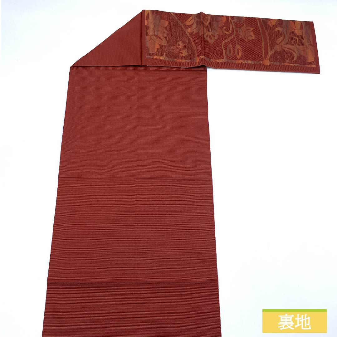 名古屋帯 牛血紅色（ぎゅうけつこういろ） 抽象花模様 帯丈358cm 正絹 Sランク 六通 カジュアル 朱系 1124008072316 松葉仕立て