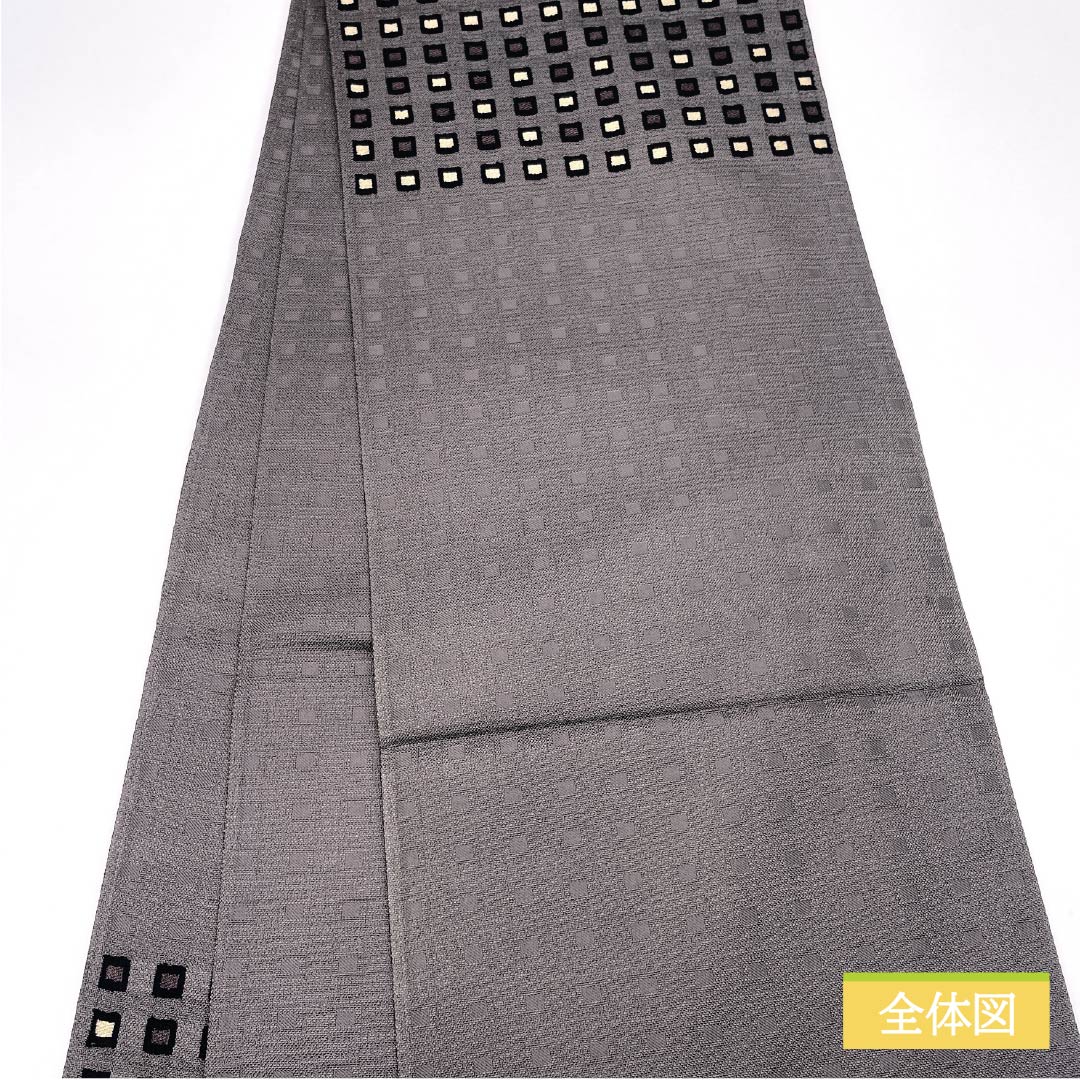 Fukuro Obi (Sash) - S-Rank, Pure Silk, Ink-Colored (Sumi-iro), Square and Polka Dot Pattern, 460cm Long, Pointed Pattern, Casual, Brown, Item Number: 1123015722414