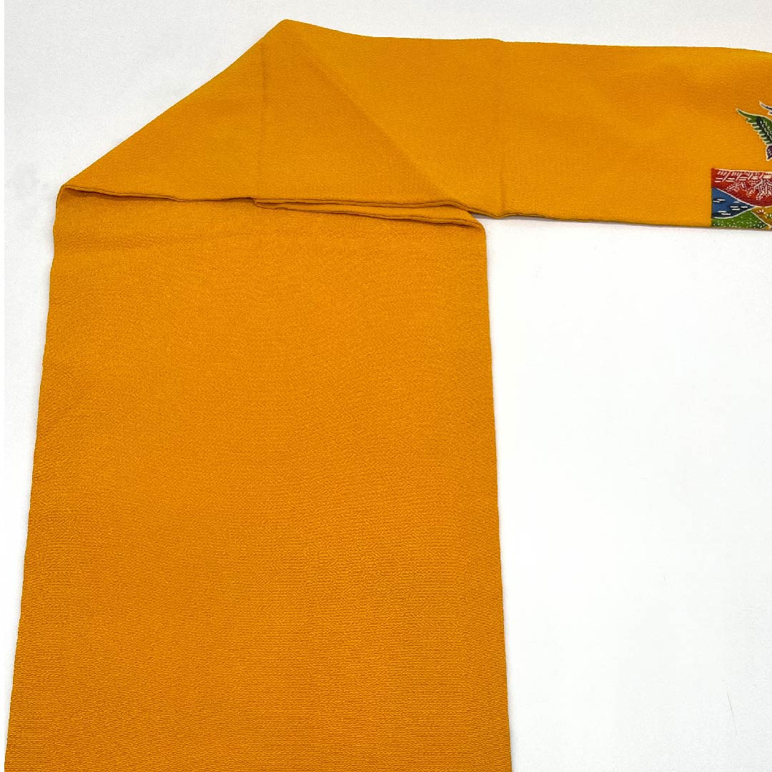 Nagoya obi, orange, Satoyama landscape, bird, crepe, obi length 381cm, pure silk, A rank, point pattern, casual, yellow, 1124004363323, Nagoya style