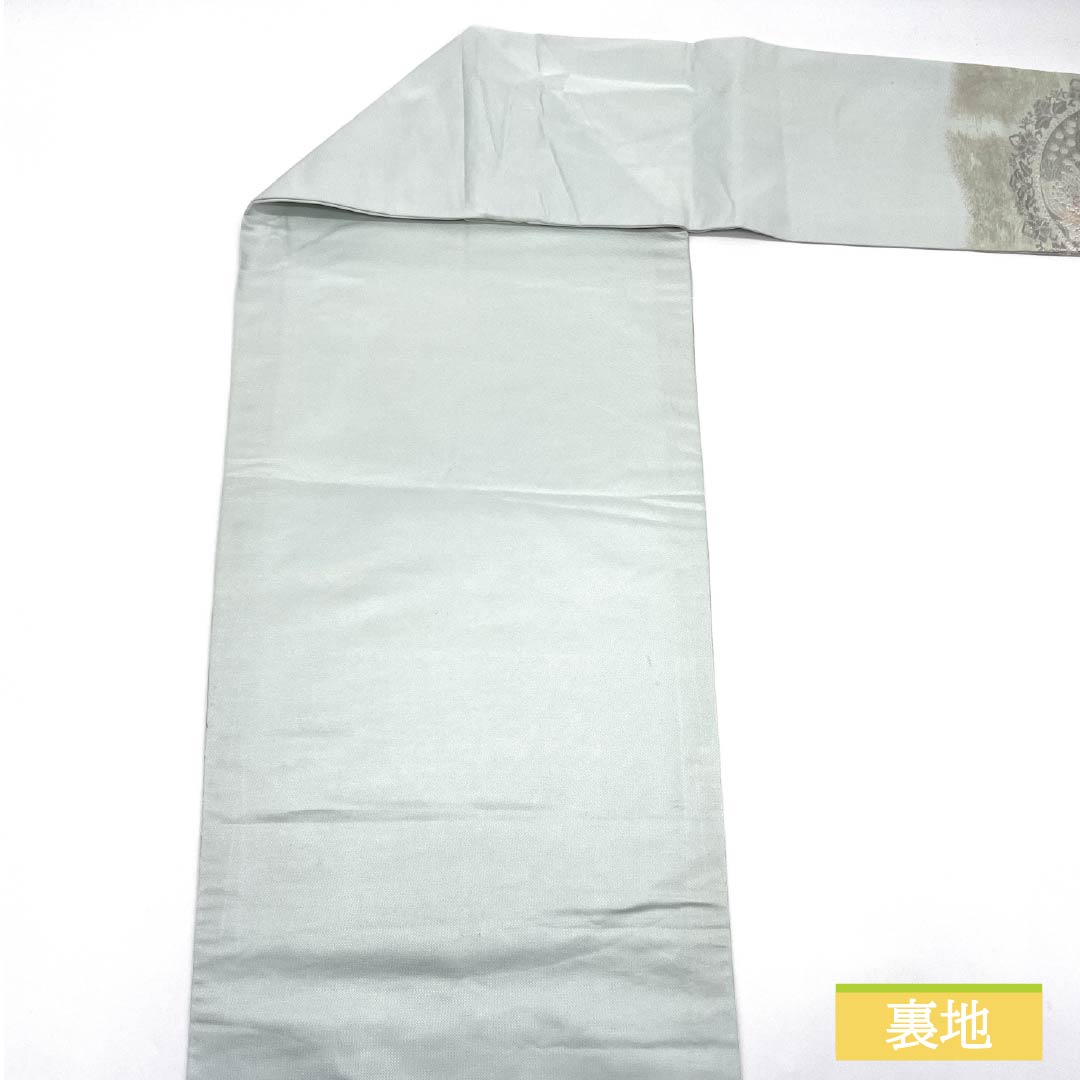 名古屋帯 正絹 Aランク 薄緑色（うすみどりいろ） 引箔 プラチナ箔 華紋 帯丈350cm ポイント柄 セミフォーマル 水色系 1124010713324 名古屋仕立て