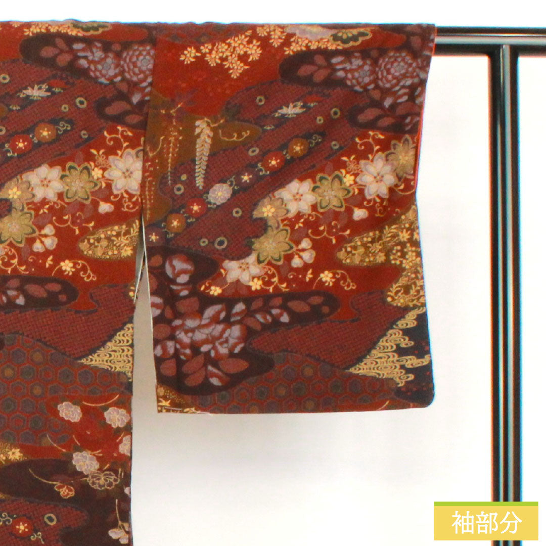 小紋 正絹 Sランク 身丈164.5cm 裄丈64.5cm 袷 小豆茶色（あずきちゃいろ） 辻ヶ花 ザ・スーパーシルク スコッチガード加工  茶系 1115007632414