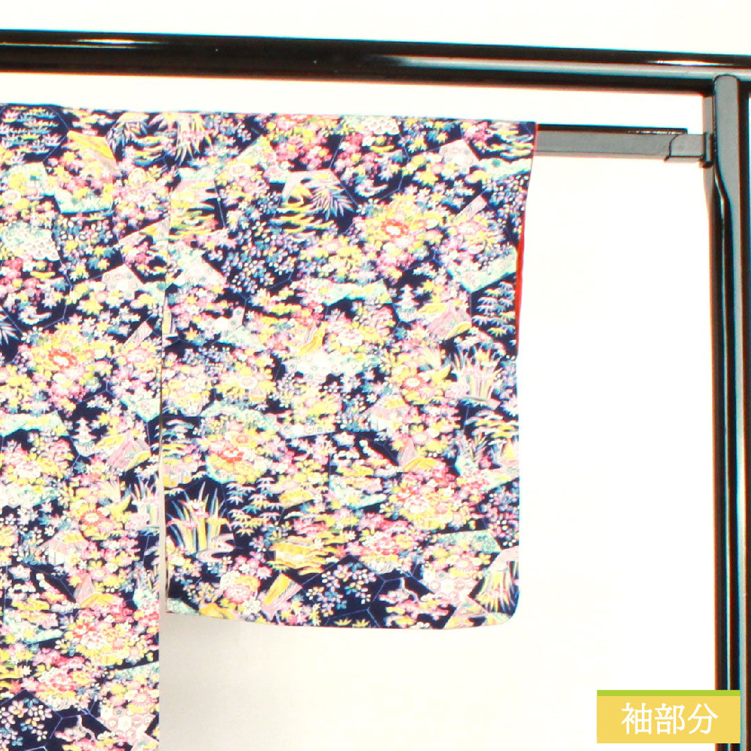 Small pattern, pure silk, length 157cm, sleeve length 64cm, lined, navy blue bellflower color, floral pattern, Chayatsuji, S rank, navy blue, 1115003632318