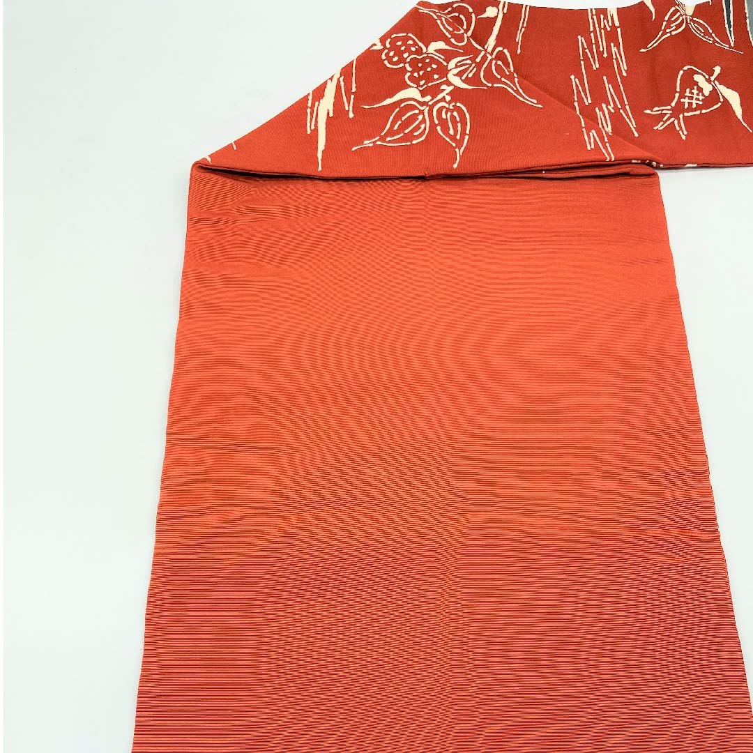 名古屋帯 紅鳶色 蝶 草花模様 帯丈349.5cm 正絹 Bランク 全通 カジュアル 朱系 1124003024316  名古屋仕立て