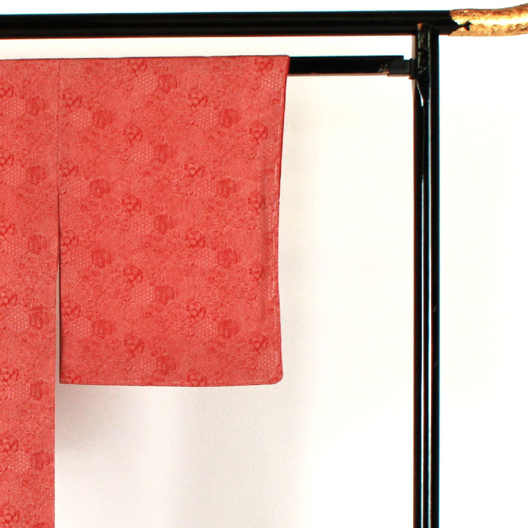 Komon, Length 164cm, Sleeve length 64cm, Awase, Butterfly and peacock feathers, Pure silk, S rank, Vermilion, 1115000572316