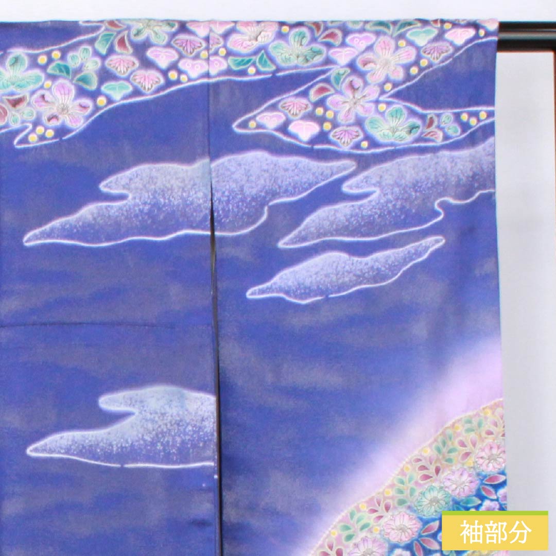 振袖 正絹 Sランク 身丈172.5cm 裄丈68cm 袷 青紫色（あおむらさきいろ） 銀通し 辻が花 遠山 ソフトガード加工 紫系 1113002552620