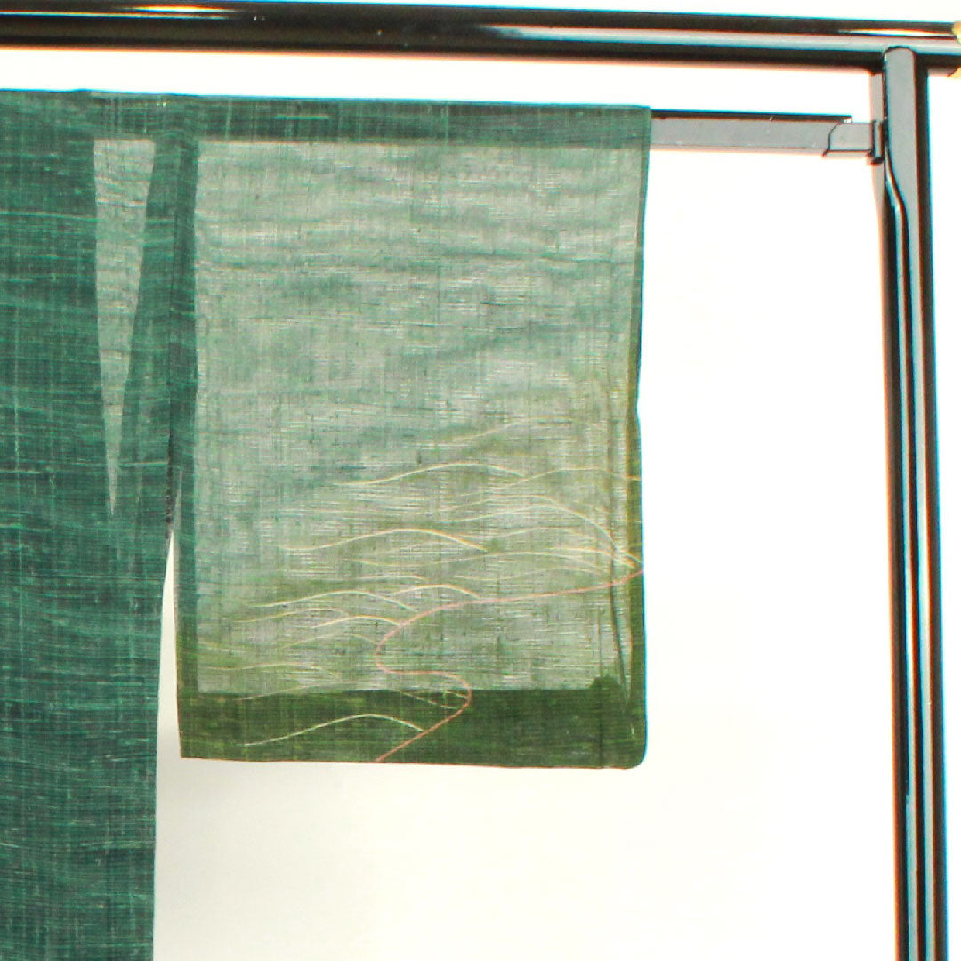 Summer pure silk formal kimono, length 160cm, sleeve length 65cm, dark green, abstract pattern, pongee fabric, S rank, green 1132000572419