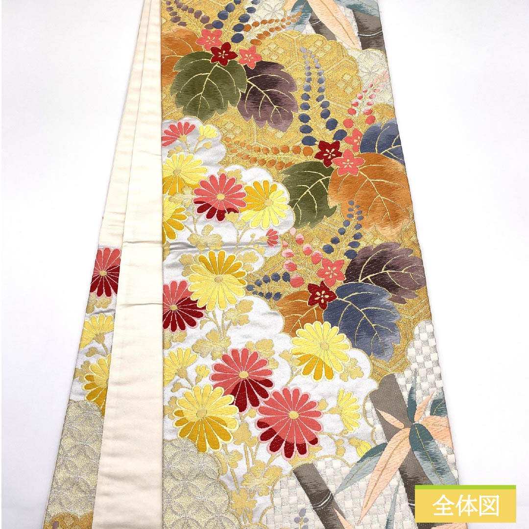 Fukuro Obi, pure silk, fish belly white (gyo to aku iro), Shirayaen Oba, chrysanthemum, bellflower, bamboo, obi length 432cm, A rank, six-pass, formal, gray, 1123012023322