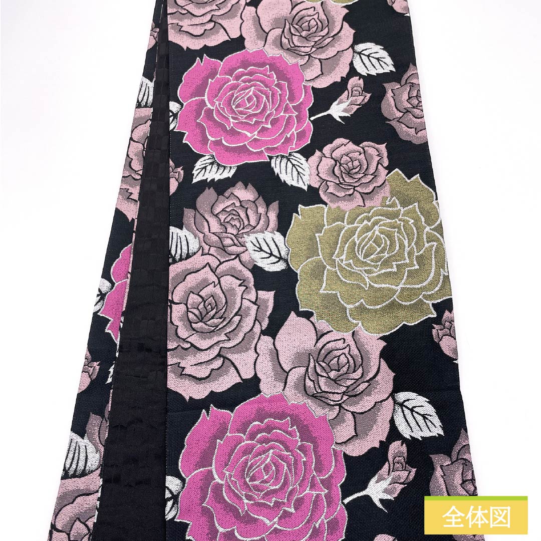 Polyester Fukuro Obi for Furisode, Rose, Length 484cm, S Rank, Full Length, Formal, Black, 1123013982410