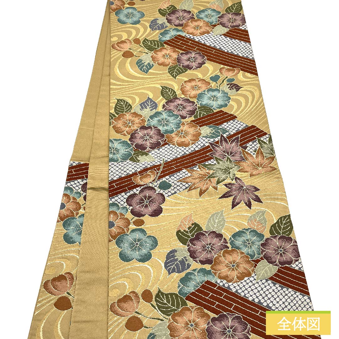 Fukuro Obi, pure silk, Yamabuki Nezuiro (Yamabuki gray), maple leaves, Shirayaen Oba, classic pattern, floral pattern, obi length 433cm, S rank, six-pass, formal, beige, 1123011322325