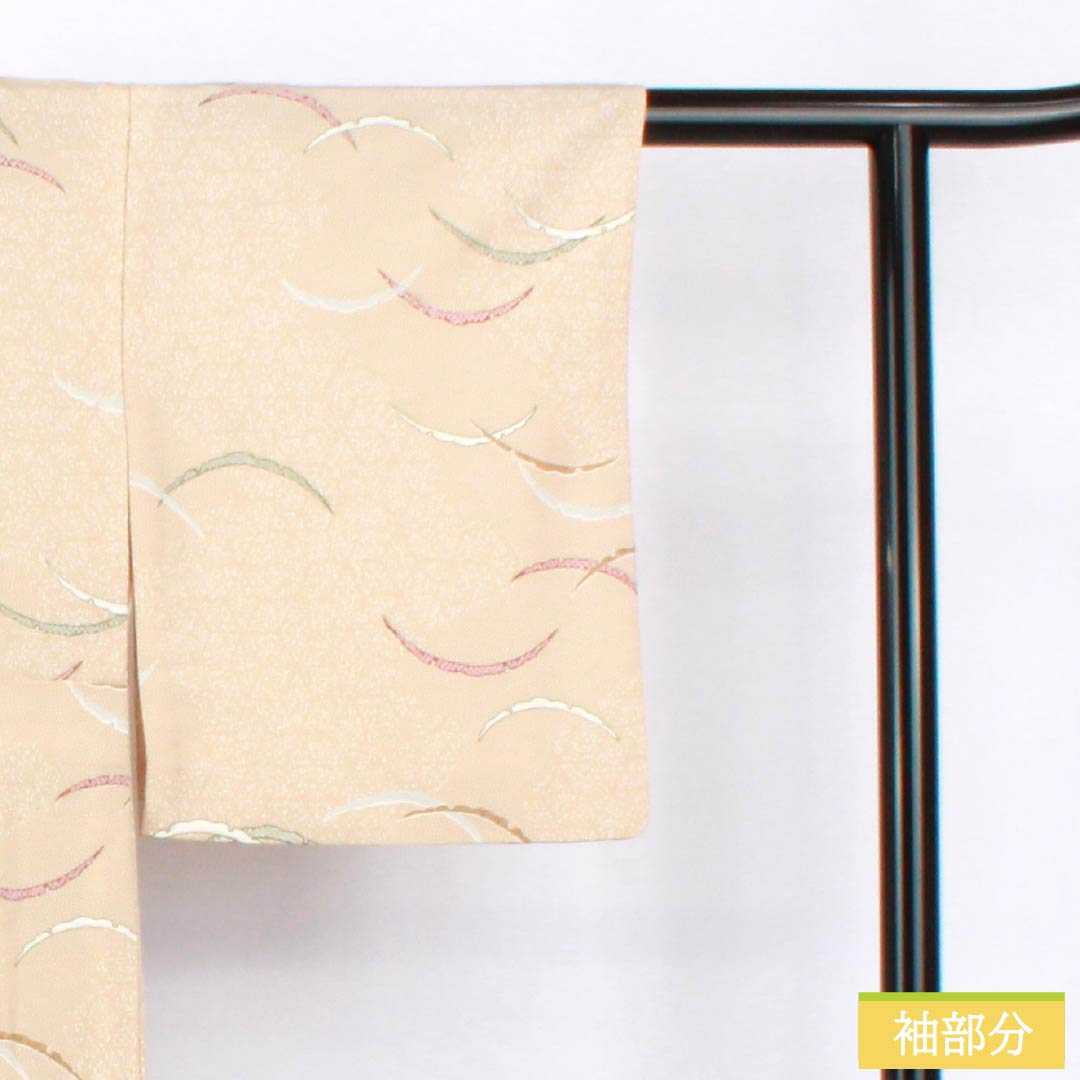 Komon (small pattern) polyester kimono, A rank, length 155.5cm, sleeve length 63cm, lined, walnut color (kurumiiro) with dew-grass pattern, backless, washable, beige, 1115007123325