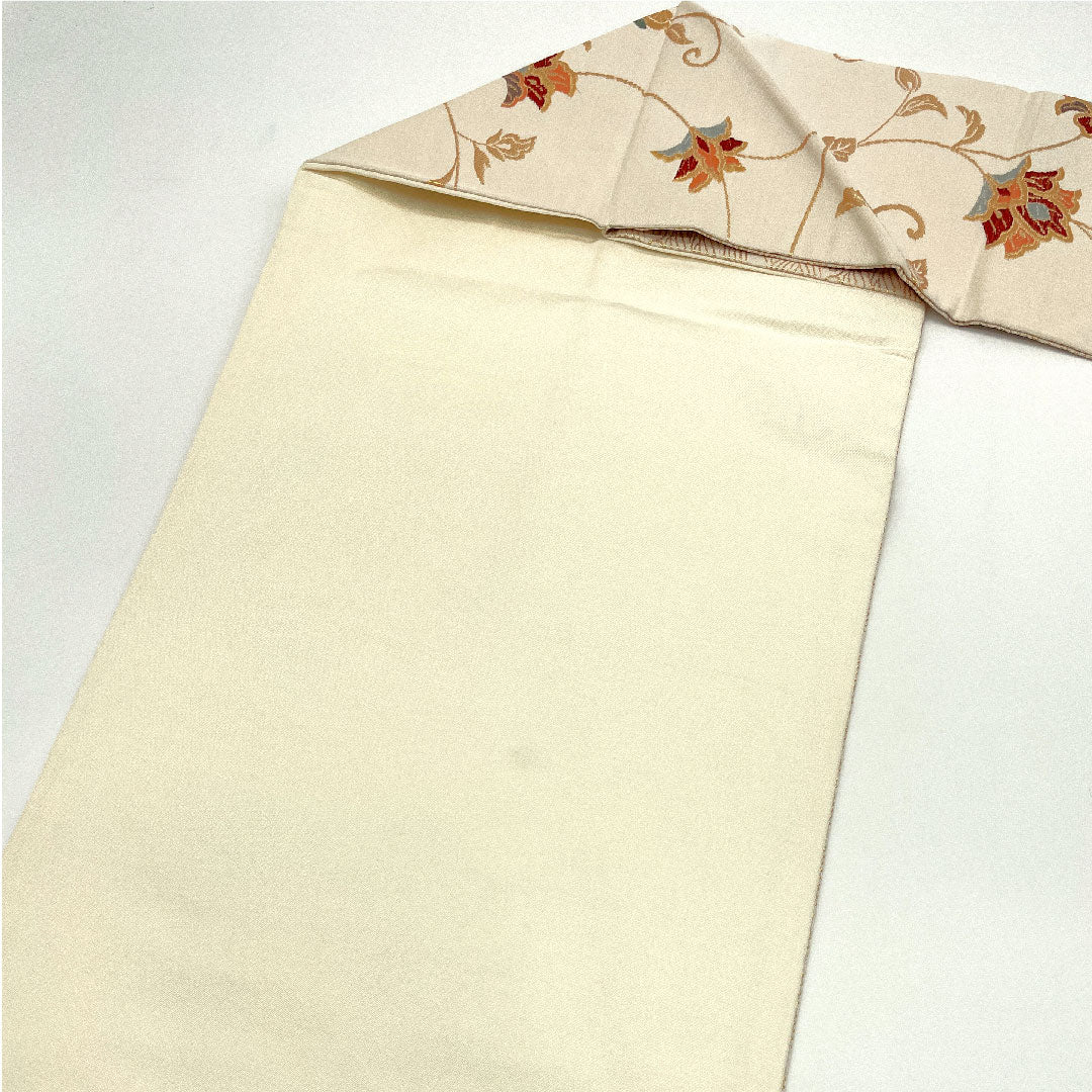 Nagoya obi with Chinese flower pattern, obi length 361cm, pure silk, A rank, six-pass, semi-formal, cream color, 1124001523315, Nagoya style