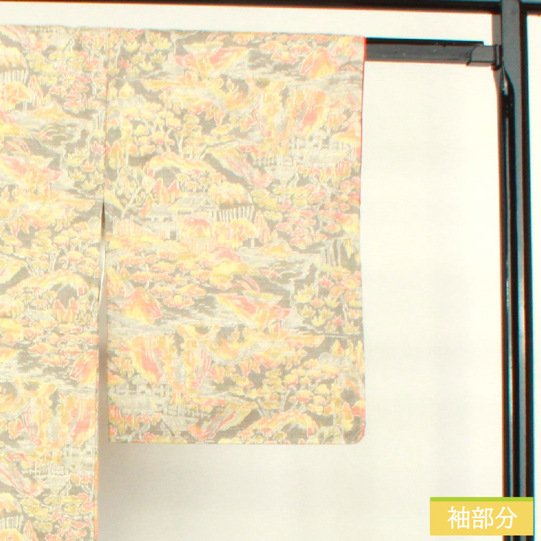 紬 正絹 身丈150.5cm 裄丈62cm 絹鼠色（きぬねずいろ） 風景模様 しつけ糸付き 未使用品 Sランク 袷 グレー系 1116003402122