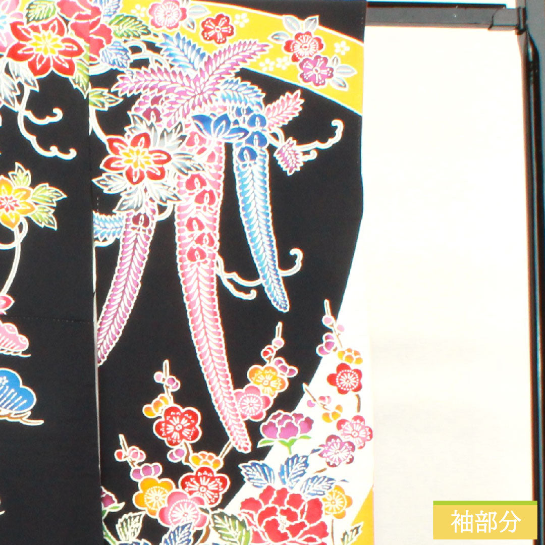 振袖 正絹 身丈157cm 裄丈63cm 袷  京紅型 草花模様  Sランク 黒系 1113001862310